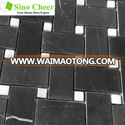 Newest design Nero Marquina basketweave marble mosaic with dots polished tile for Floor